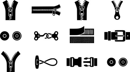 Fototapeta premium Zipper & Fabric Fastener Silhouette Icon Set. Collection of lifestyle & everyday silhouettes, including zipper & fabric fastener, detailed fashion and accessory shapes, and more.