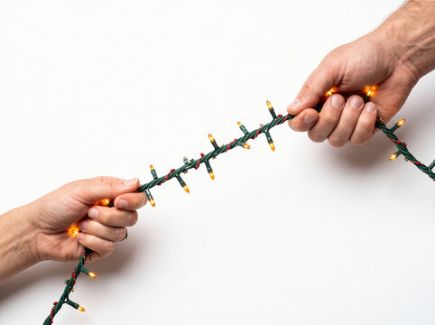 Hands holding a glowing string of Christmas lights