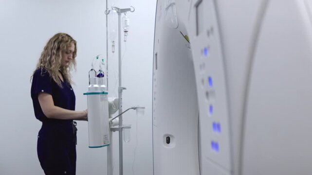 Female radiology technician setting up a contrast injector beside a CT scanner in a modern diagnostic imaging room.