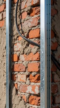 Metal profile frame on old brick wall with electric wire. Construction site shows renovation process of building structure. Steel studs installed for new wall installation during home repair