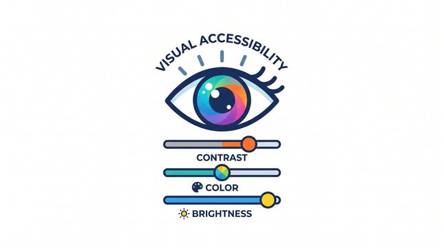 Visual accessibility graphic featuring an eye icon with contrast, color, and brightness sliders for digital interface settings.