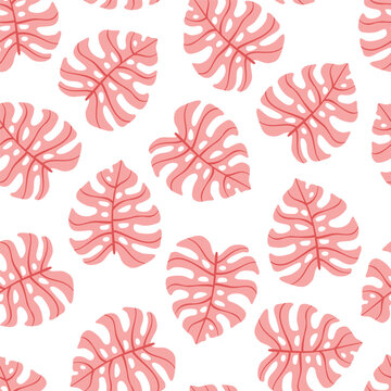 Vector seamless pattern with hand drawn monstera leaves. Cute jungle design for textile, backgrounds, wallpaper, wrapping paper, digital prints.