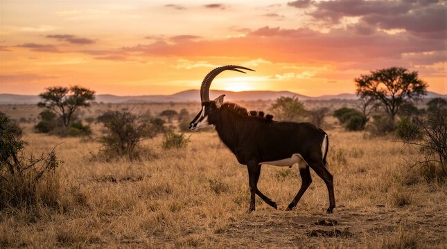 Sunset bathes savanna in warm, golden hues. Majestic sable antelope strides through dry grass. Its curved horns gleam against the fading light. Scattered acacia trees frame the distant horizon