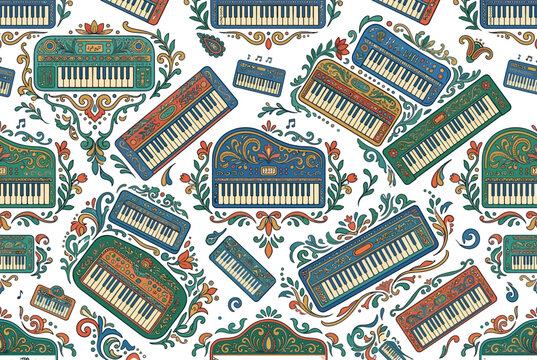 Ornate seamless pattern with grand pianos and musical keyboards.