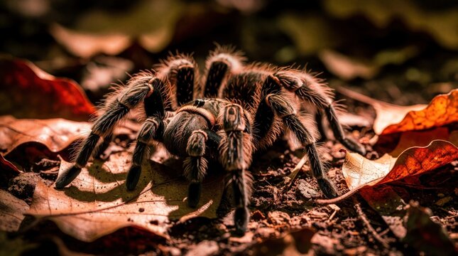 Macro shot of hairy tarantula spider on forest floor. Large arachnid crawls among dry autumn leaves, dirt. Close up shows detailed texture of exotic pet or wild predator in natural woodland habitat.