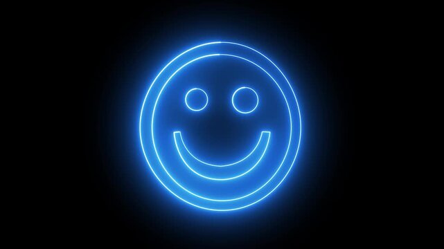 Blue Neon Smiley Face Icon Line Animation for Happy Emotion, Customer Feedback, Positive Reaction, User Experience Rating, Joyful Emoji, and Black Background Video Overlay