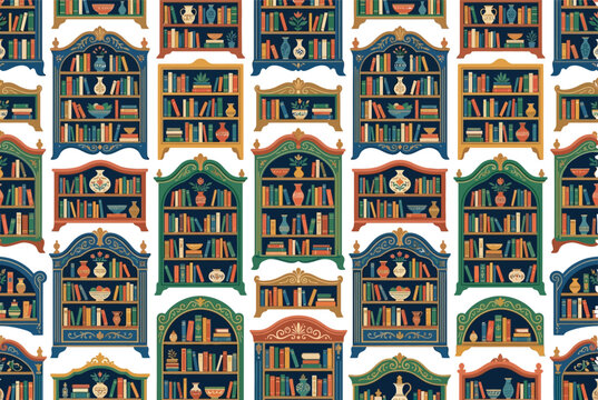 Vintage bookcase and cabinet seamless pattern with decorative objects.