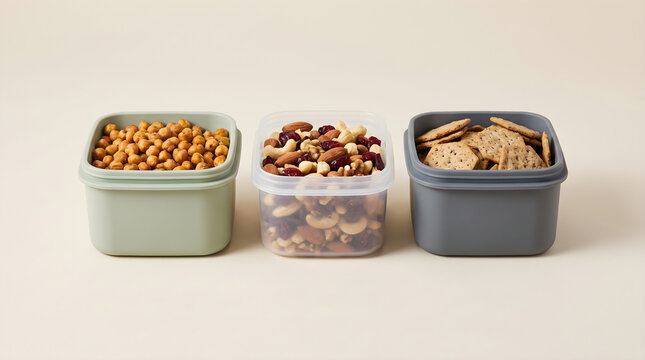 Three colorful hiking snack containers filled with roasted chickpeas, mixed nuts, and whole grain crackers.