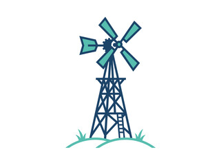 Obraz premium A vintage-style windmill stands tall against a minimalist background with a subtle grassy base.