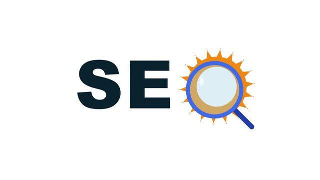 Search engine optimization animation showing SEO text with gear and magnifying glass icons