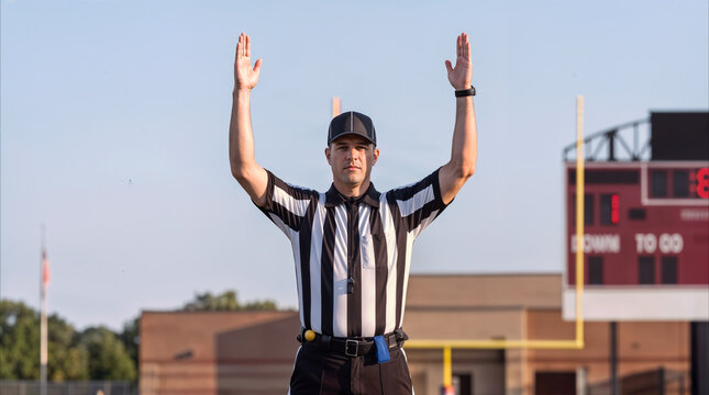 American football referee signaling touchdown with arms raised on field. Sports official making decision during game at stadium.