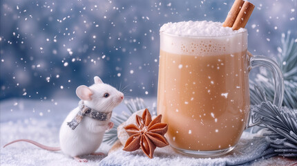 Obraz premium White mouse wearing scarf sitting by glass mug of latte. Winter holiday scene with cinnamon sticks and star anise in falling snow.