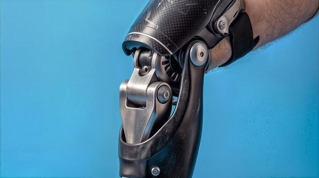 Prosthetic leg joint with carbon fiber finish and hydraulic mechanism. Advanced bionic limb technology for amputee mobility.
