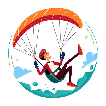 A flat illustration of a person soaring beneath an orange paraglider through a cloudy sky, presented with clean shapes and vibrant outdoor details.