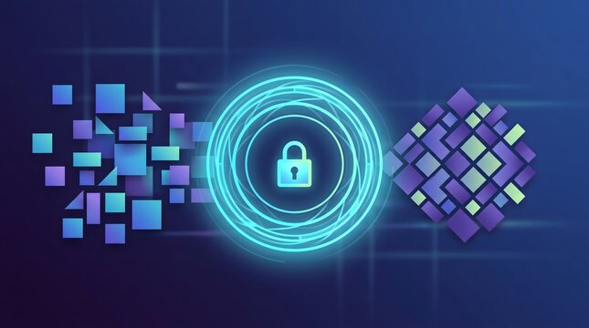 AI-generated minimalist abstract illustration of data encryption, showing geometric data blocks transforming into an organized secure pattern.
