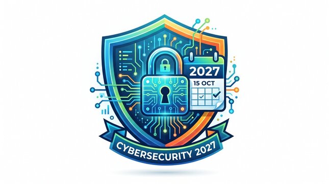 Cybersecurity shield emblem featuring integrated digital padlock circuit board pathways and calendar date markers.