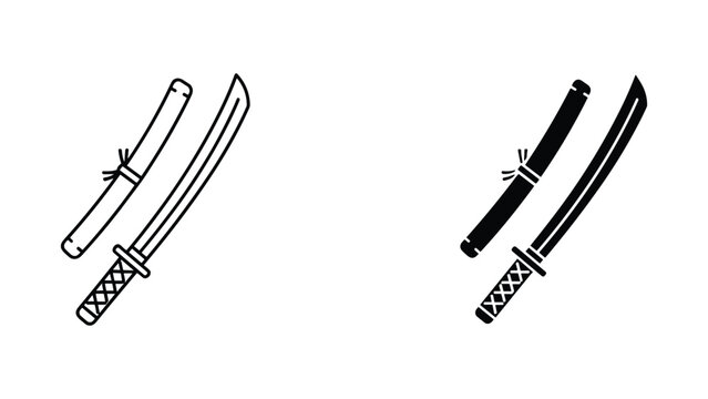 Japanese samurai katana sword icon set with sheath in black and line