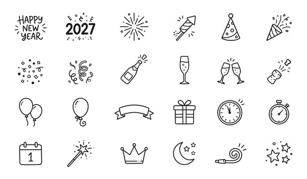 Happy New Year 2027 party celebration line icons set with champagne fireworks balloons and calendar for festive greeting card digital design projects and web decoration.