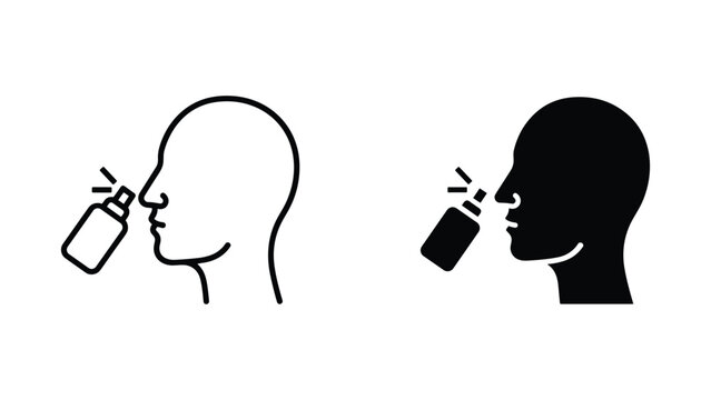 Person using nasal spray bottle outline and silhouette icon