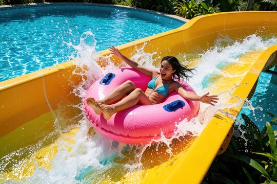 Happy young woman slides down yellow water slide on pink inflatable ring. Excited girl laughs splashing through blue pool water at summer water park. Fun aquatic adventure with big water splashes on