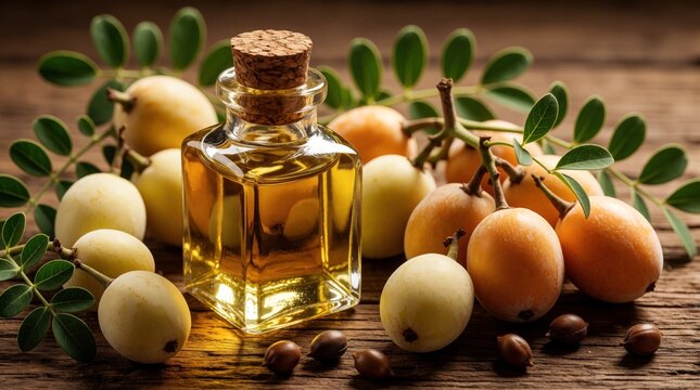 Glass bottle with golden marula oil stands on wooden table. Fresh marula fruit, small seeds surround dropper bottle. Organic cosmetic ingredient for skin care, hair treatment on rustic wood