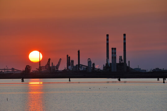 Factory silhouette. Porto Marghera industrial zone. Venice, Italy