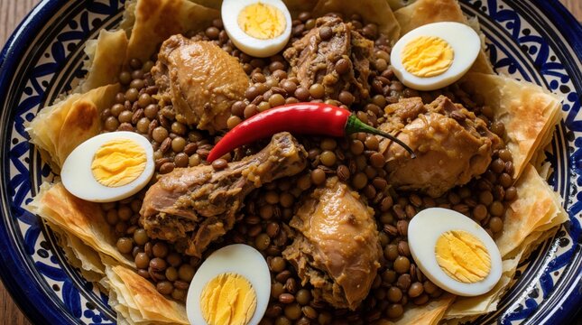 Traditional Moroccan chicken rfissa dish served in blue ceramic bowl. Tasty stew with lentils, pieces of chicken, boiled eggs, red chili pepper. Authentic North African cuisine with thin pancakes on