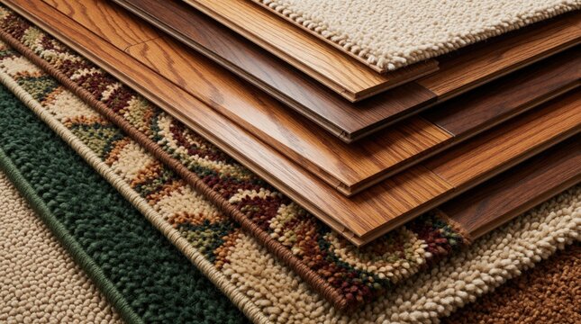 Various flooring samples stacked in layers. Wood planks, laminate boards, carpet tiles show different textures, patterns. Interior design collection for home renovation construction project.