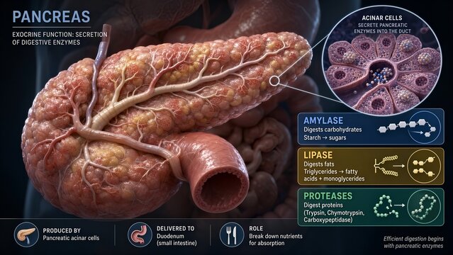 Pancreas model with a zoomed inset showing the secretion of pancreatic enzymes like amylase for carbohydrates lipase for fats and proteases for proteins such as trypsin