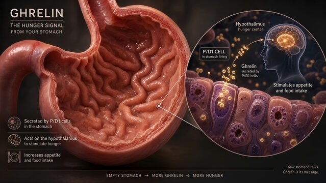 Stomach model with a zoomed inset showing ghrelin secreted by p d1 cells in the stomach stimulating appetite and food intake medical educational vector illustration