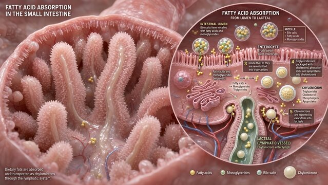 Educational medical vector of small intestine model illustrating dietary fat absorption micelle formation enterocyte processing chylomicron packaging and lacteal export