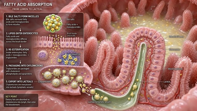 Small intestine model with a zoomed inset showing fatty acid absorption where bile salts form micelles enter enterocytes re esterify into triglycerides and enter lacteals