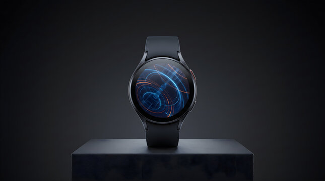 Sleek and modern black smartwatch displayed on a dark pedestal featuring a digital abstract screen interface
