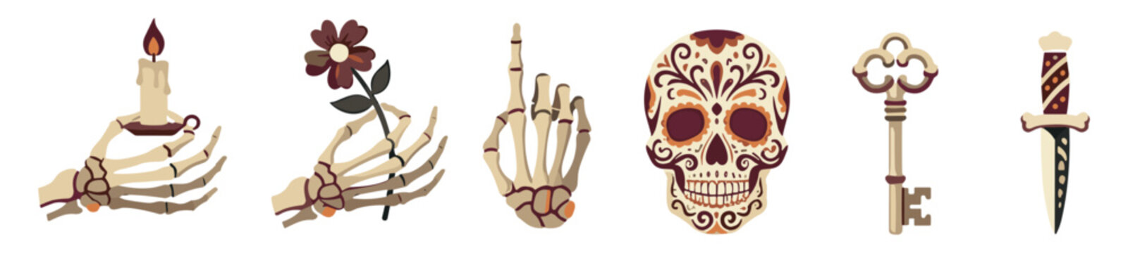 Gothic skeleton hands and mystical objects vector set, bone hand holding candle, flower, sugar skull, antique key and dagger on transparent background