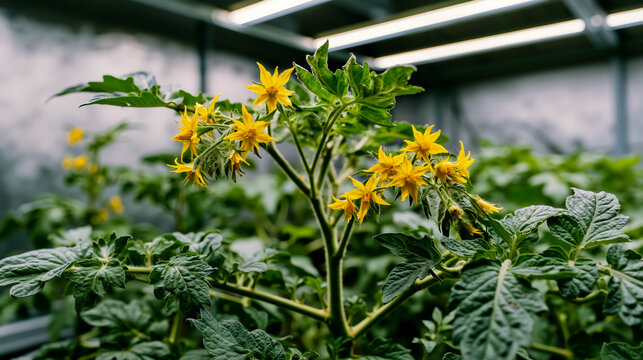 A close-up photograph of a plant with yellow flowers and green leaves taken in a greenhouse with artificial lighting