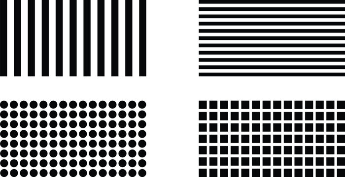 Black and white geometric seamless pattern set with vertical horizontal stripes dots and squares vector for background design
