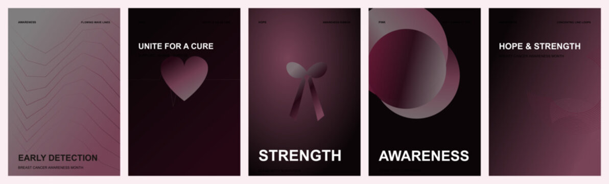Breast cancer awareness month poster set. Dark burgundy background with ribbons, hearts, and motivational text. Elegant modern graphic layouts for medical campaigns and charity events.