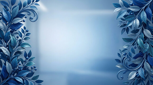 Blue Leaves and Foliage Background &ndash; Elegant Botanical Frame with Empty Center Copy Space
