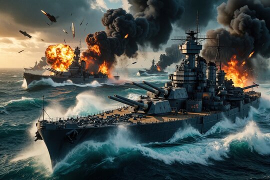 WWII naval battle with massive warships in rough ocean. Large battleships fire guns during intense sea combat. Huge fire explosions, black smoke rise from sinking vessels. Military fleet fights