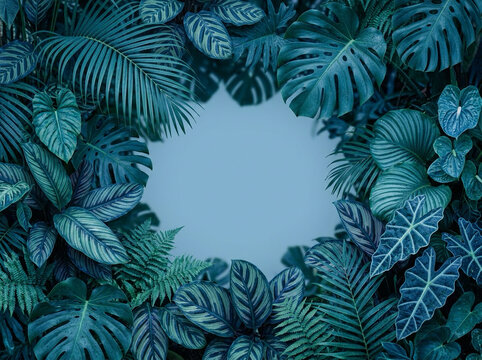Blue Leaves and Foliage Background &ndash; Elegant Botanical Frame with Empty Center Copy Space