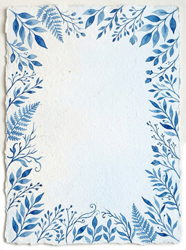 Blue Leaves and Foliage Background &ndash; Elegant Botanical Frame with Empty Center Copy Space