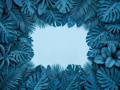 Blue Leaves and Foliage Background &ndash; Elegant Botanical Frame with Empty Center Copy Space