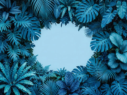 Blue Leaves and Foliage Background &ndash; Elegant Botanical Frame with Empty Center Copy Space