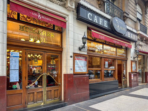 Facade of the historic notable cafe Los 36 Billares on Avenida de Mayo