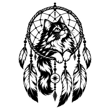 Cat Dreamcatcher Black and White Vector Illustration,Isolated White Background