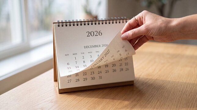 Desk calendar showing the year 2026 as a hand turns the page to reveal upcoming months on a wooden table.