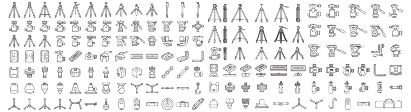 Tripod and Camera Mount Icon Set &mdash; Line Art Photography Accessories and Parts Vector Collection