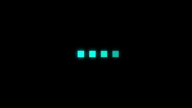 Progress indicator animation displays data blocks on dark. Software buffering telemetry updates on progress indicator. Digital user interface waiting runs on active indicator.