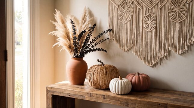 Autumn home decor with pumpkins and dried grass on wooden console