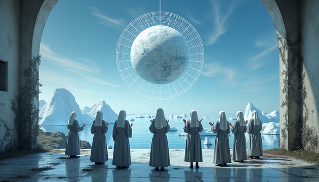 Nuns Contemplating a Floating Geometric Sphere in Arctic Landscape